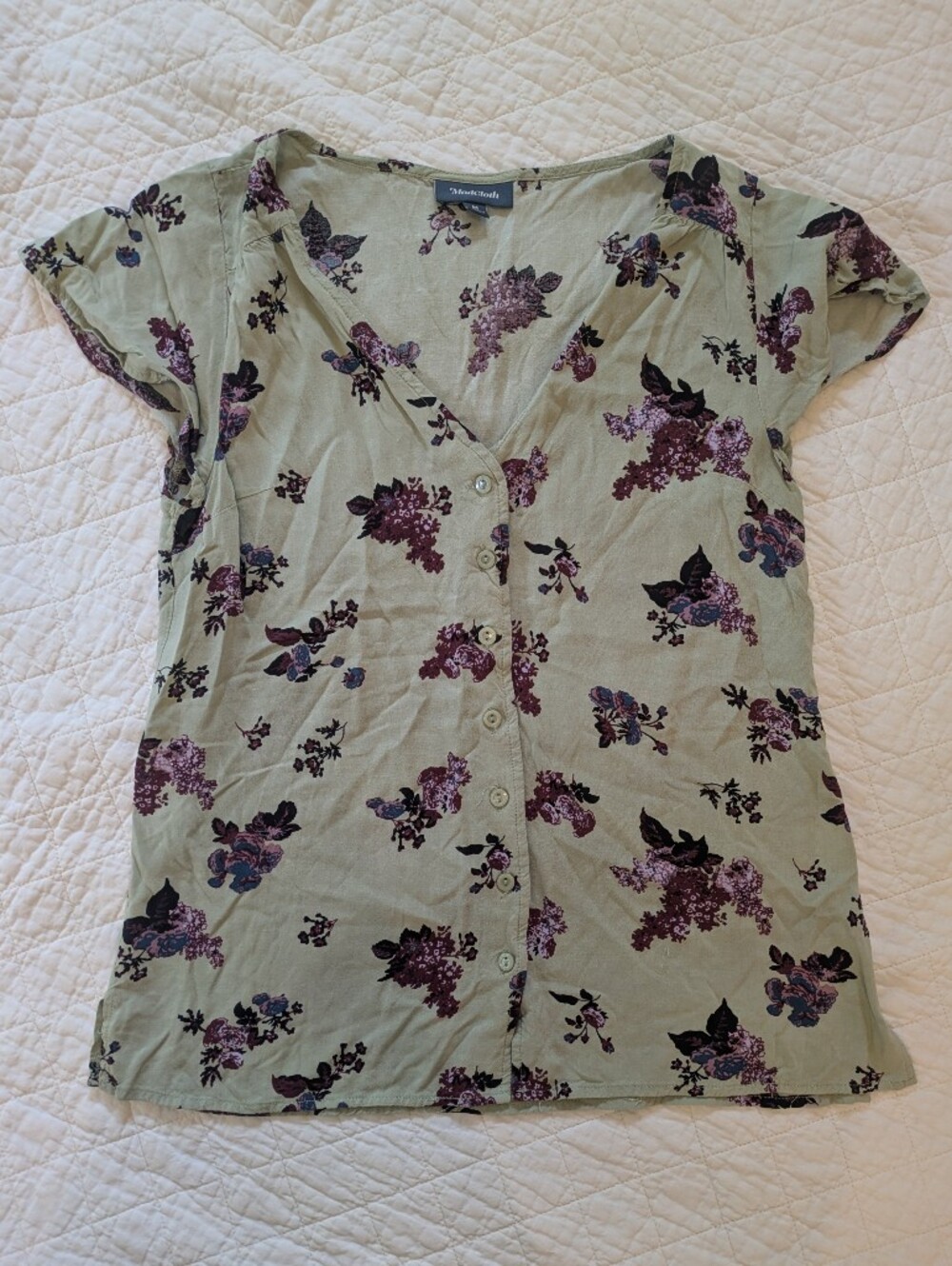 Modcloth Sage Green Floral Button-Front Women's Shirt